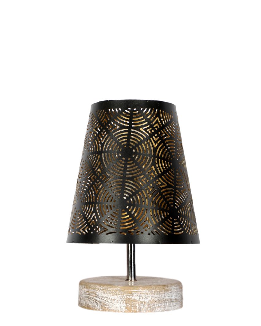 Round Metal Etching Table Lamp With White Brushed Wood Round  Base