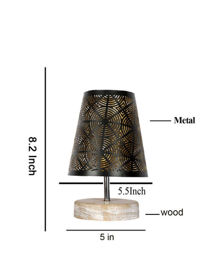 Round Metal Etching Table Lamp With White Brushed Wood Round  Base