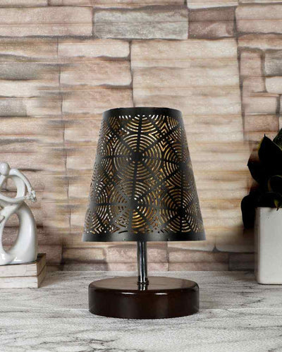 Round Metal Etching Table Lamp With Brown Wood Round Base