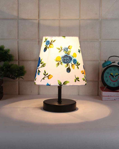 Rose Printed Cotton Round Wooden Black Base Table Lamp