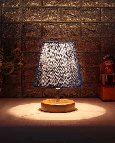 Natural Wooden Base Jute Round Table Lamp Blue