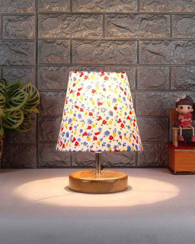 Stylish Cotton Round Natural Wooden Base Table Lamp