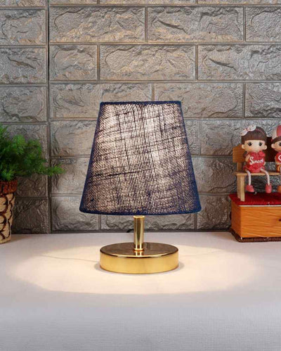 Round Shaped Jute Table Lamp With Gold Metal Base Blue