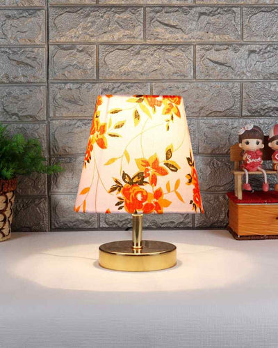 Orange Rose Printed Cotton Round Metal Gold Table Lamp