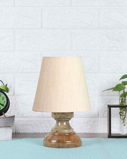 Luxury Cotton Natural Wooden Base Table Lamp Off-White