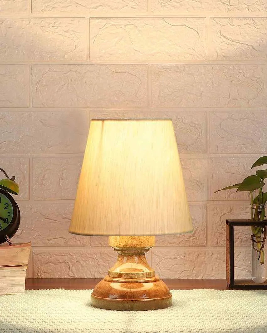 Luxury Cotton Natural Wooden Base Table Lamp Off-White