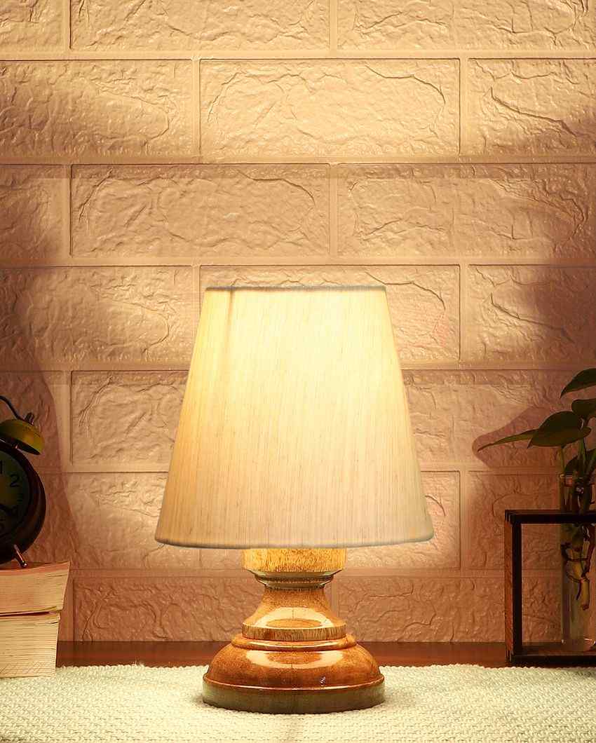 Luxury Cotton Natural Wooden Base Table Lamp Off-White