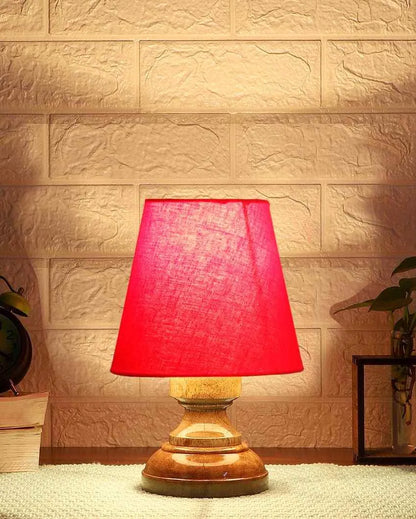 Luxury Cotton Natural Wooden Base Table Lamp Red