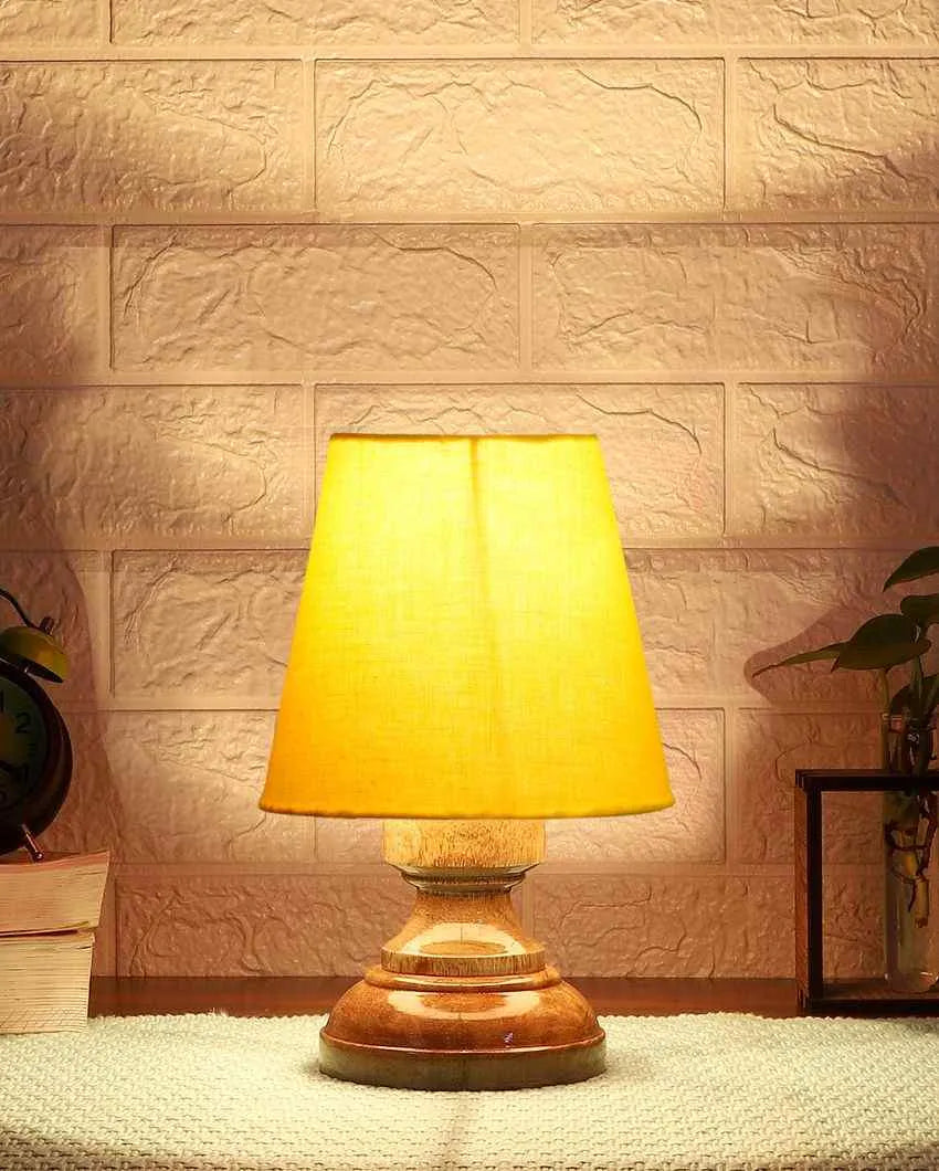 Luxury Cotton Natural Wooden Base Table Lamp Yellow