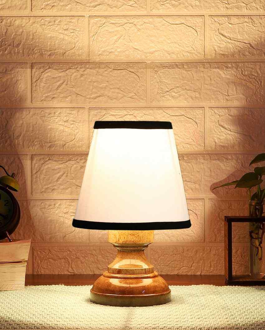 Classic White & Black Cotton Natural Wooden Base Table Lamp