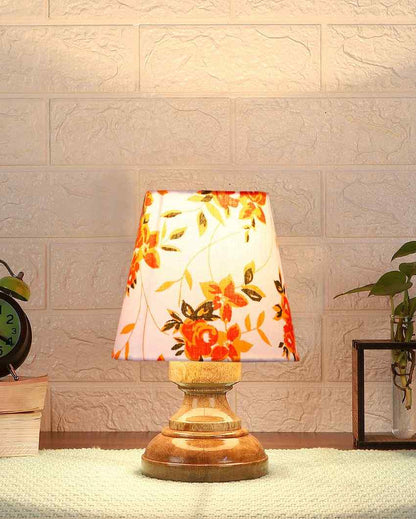 Elegant Multicolor Floral Cotton Natural Wood Table Lamp