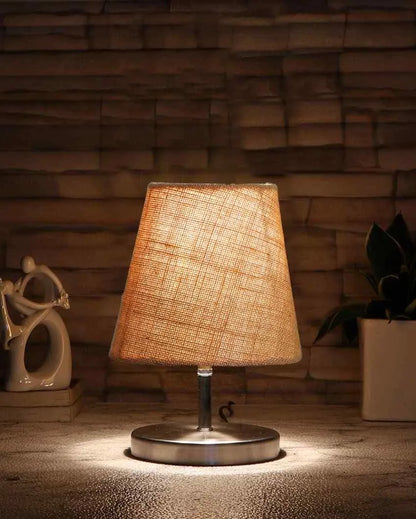 Eye Catchy Jute Round Metal Steel Table Lamp Beige