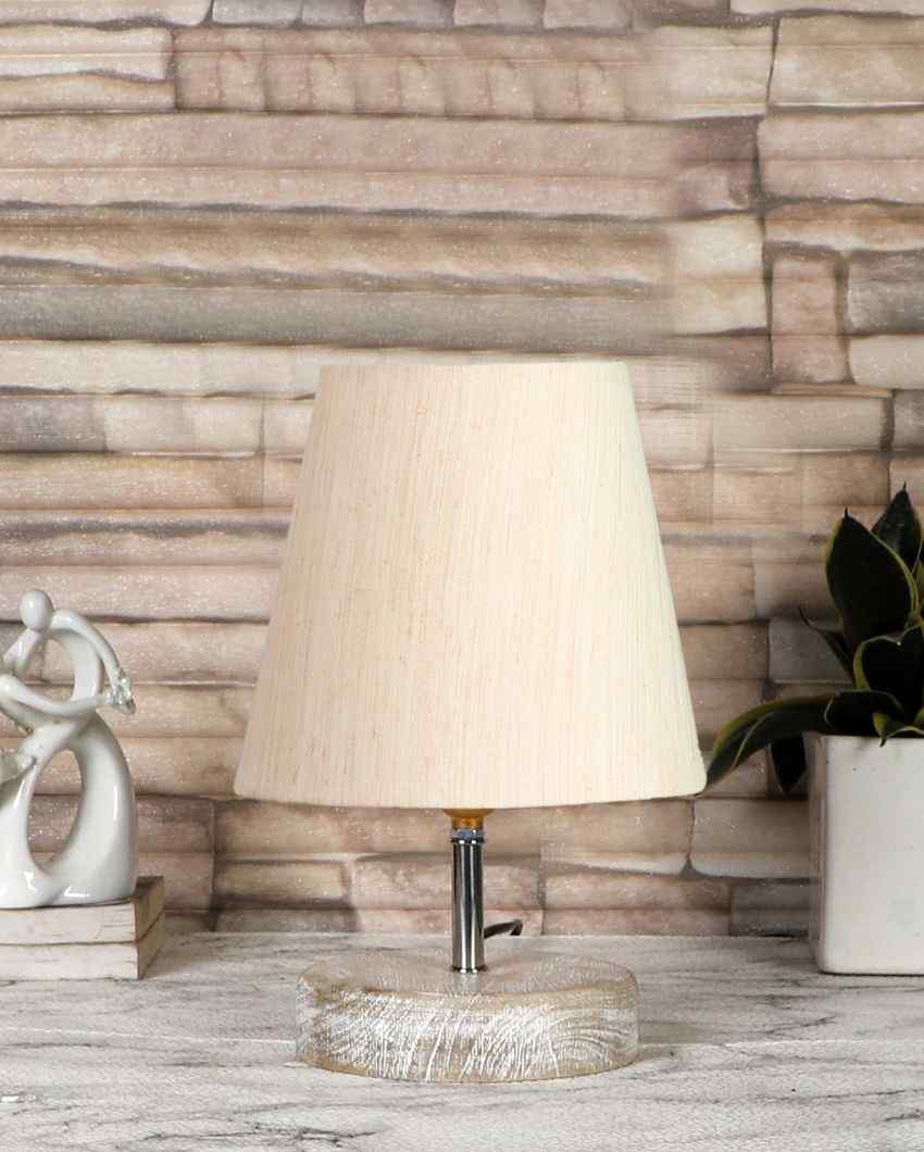 White Brushed Wooden Base Cotton Round Table Lamp Off-White