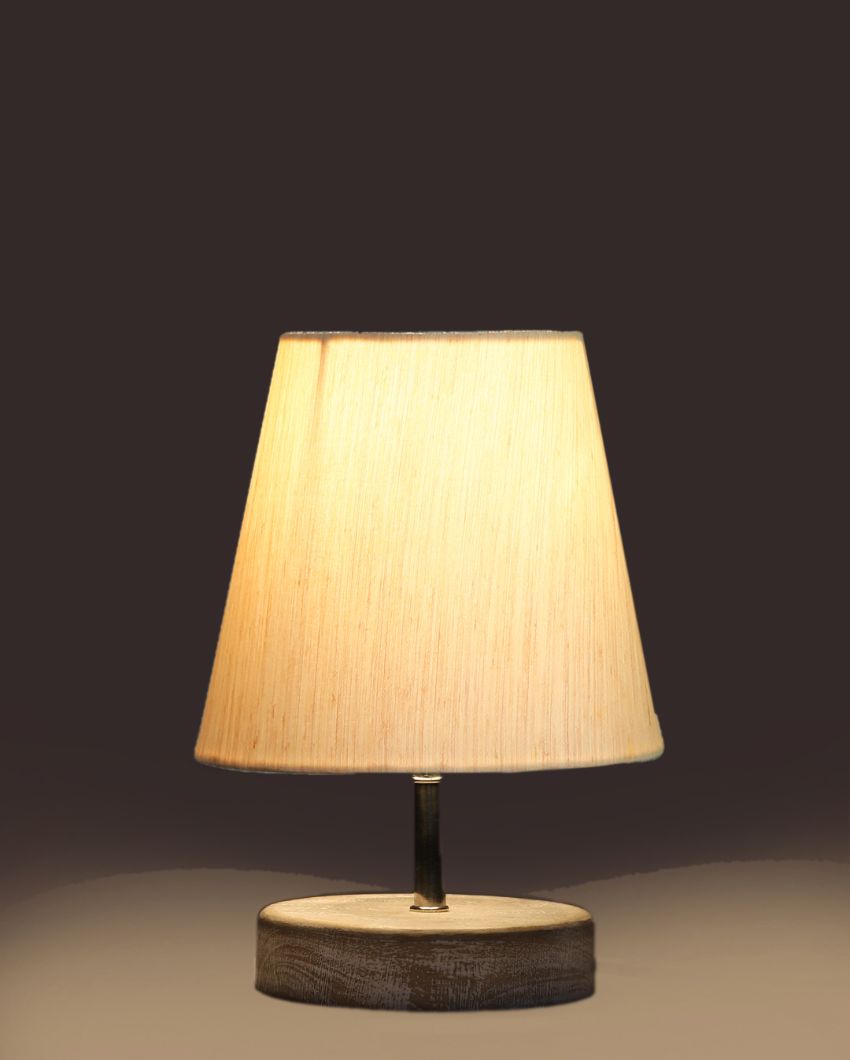 White Brushed Wooden Base Cotton Round Table Lamp Off-White