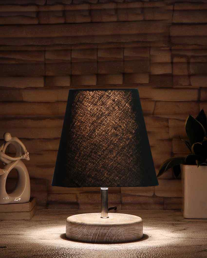 White Brushed Wooden Base Cotton Round Table Lamp Black