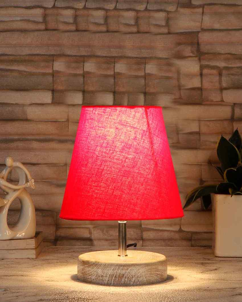 White Brushed Wooden Base Cotton Round Table Lamp Red