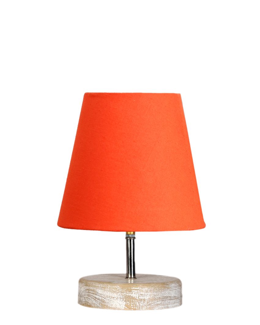 White Brushed Wooden Base Cotton Round Table Lamp Orange