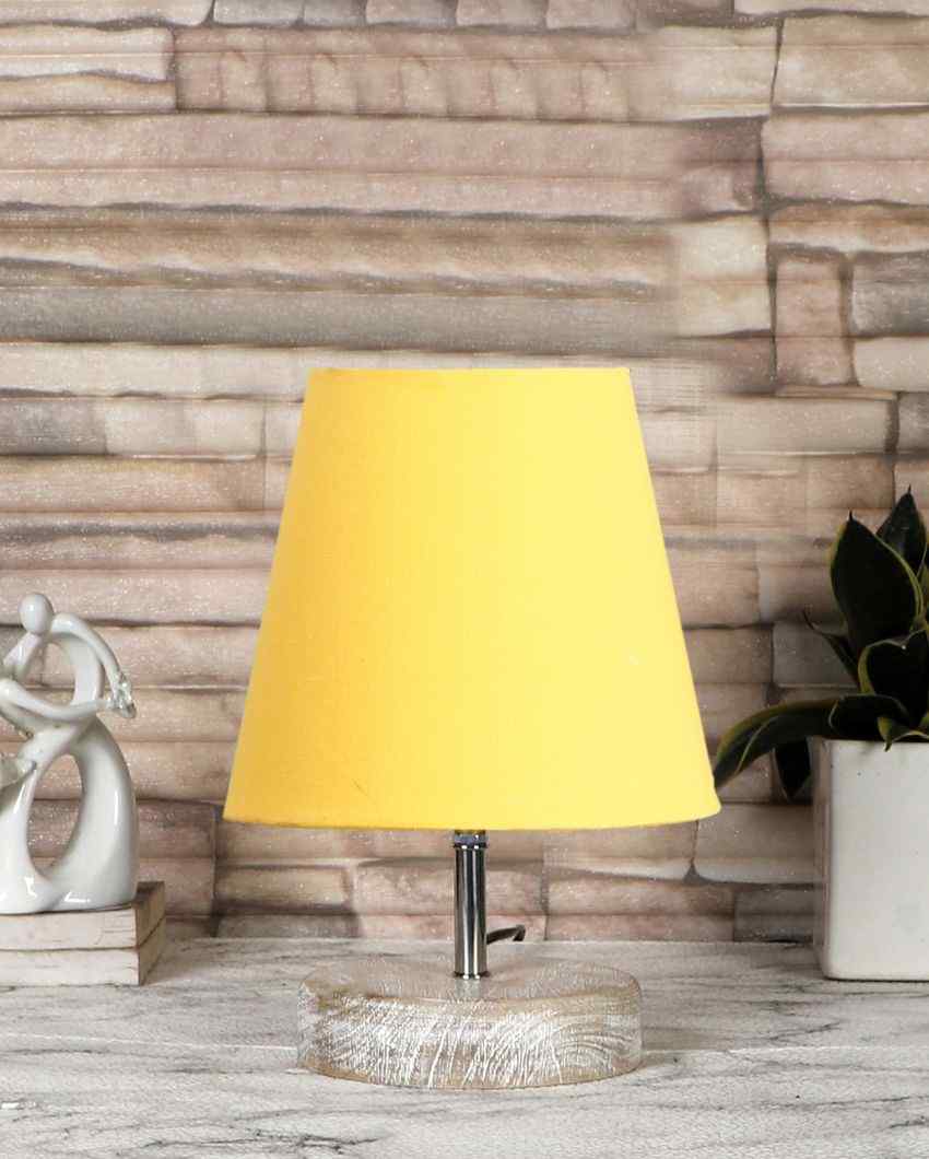 White Brushed Wooden Base Cotton Round Table Lamp Yellow