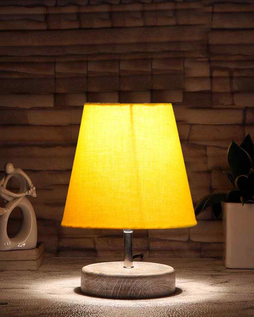 White Brushed Wooden Base Cotton Round Table Lamp Yellow
