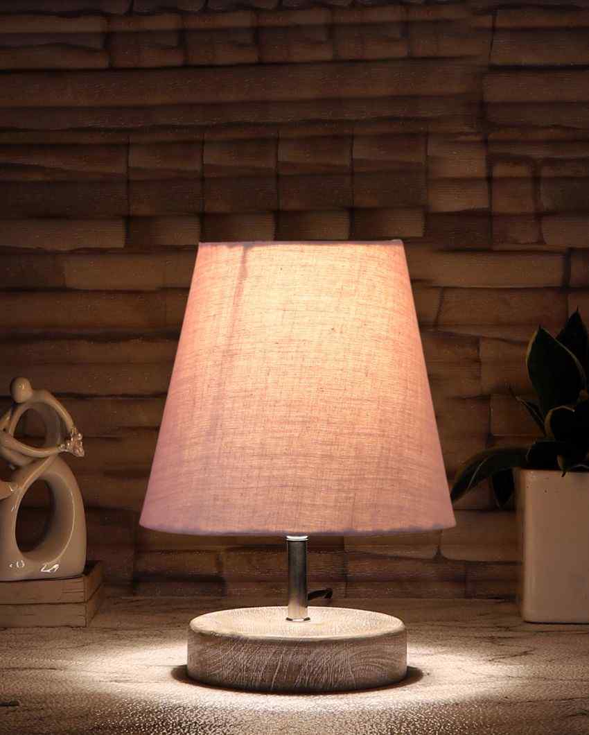 White Brushed Wooden Base Cotton Round Table Lamp Grey