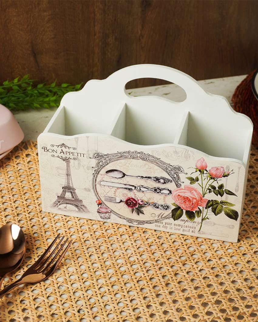 Elegant White Wooden French Rose Cutlery Holder | 9 x 4 x 7 inches