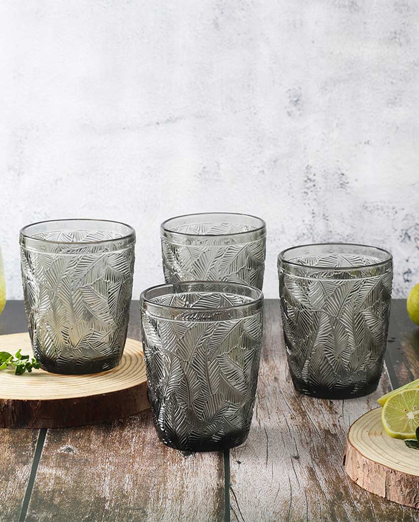 Beautiful Design Grey Shade Leaf Emboss Glasses | 3 x 4 inches | 300ml