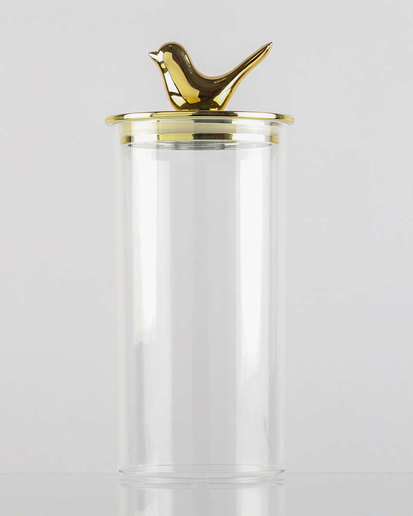 Elegant Glass Storage Jar with Bird Decorative Metal Lid | 4 x 4 x 10 inches