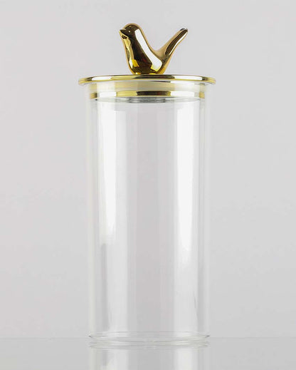 Elegant Glass Storage Jar with Bird Decorative Metal Lid | 4 x 4 x 10 inches