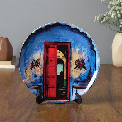 Classic Red Door Design Multicolor Ceramic Wall Plate | 10 inches