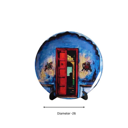 Classic Red Door Design Multicolor Ceramic Wall Plate | 10 inches