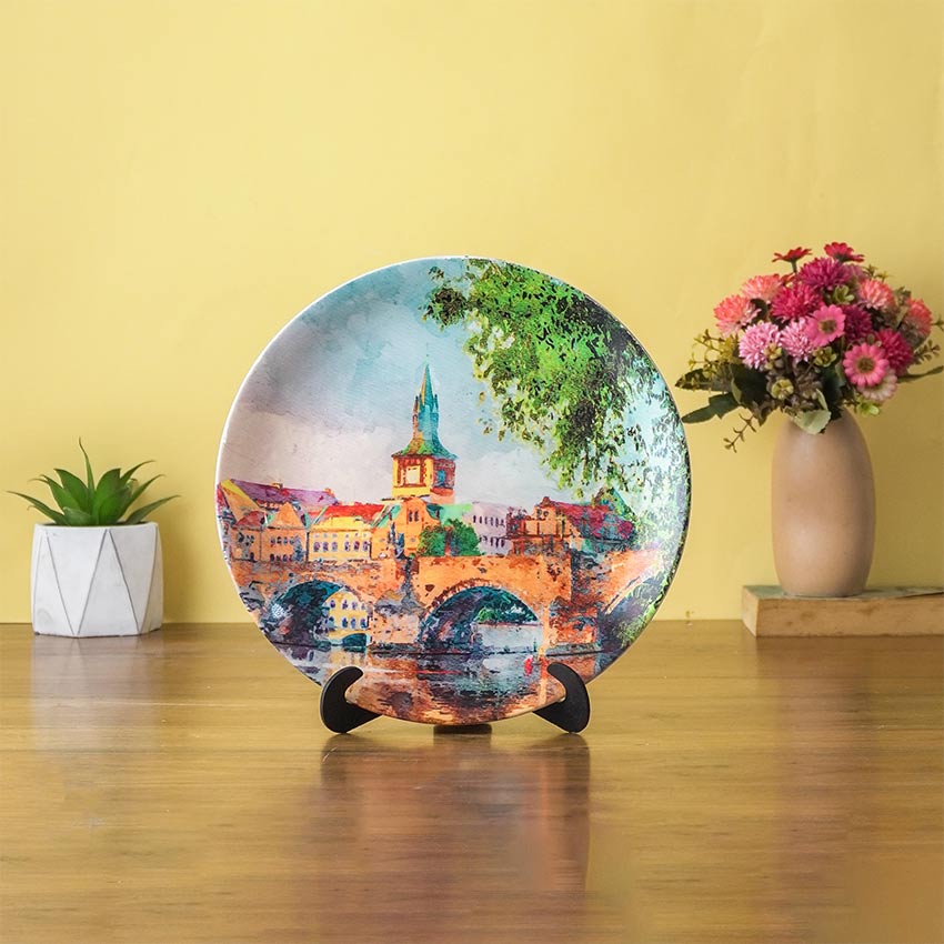 Beautiful Painted Bridge Multicolor Ceramic Wall Plate | 10 inches