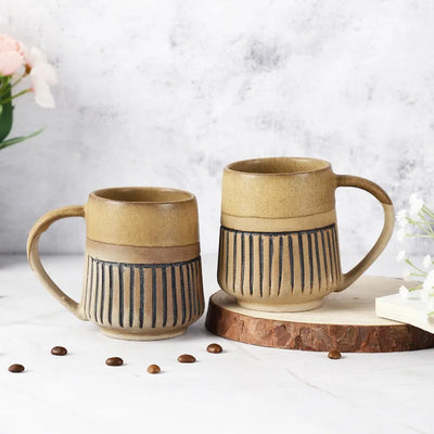 Ceramic Semi-Glazed Groove Mugs | Set of 2 | Multiple Colors Brown