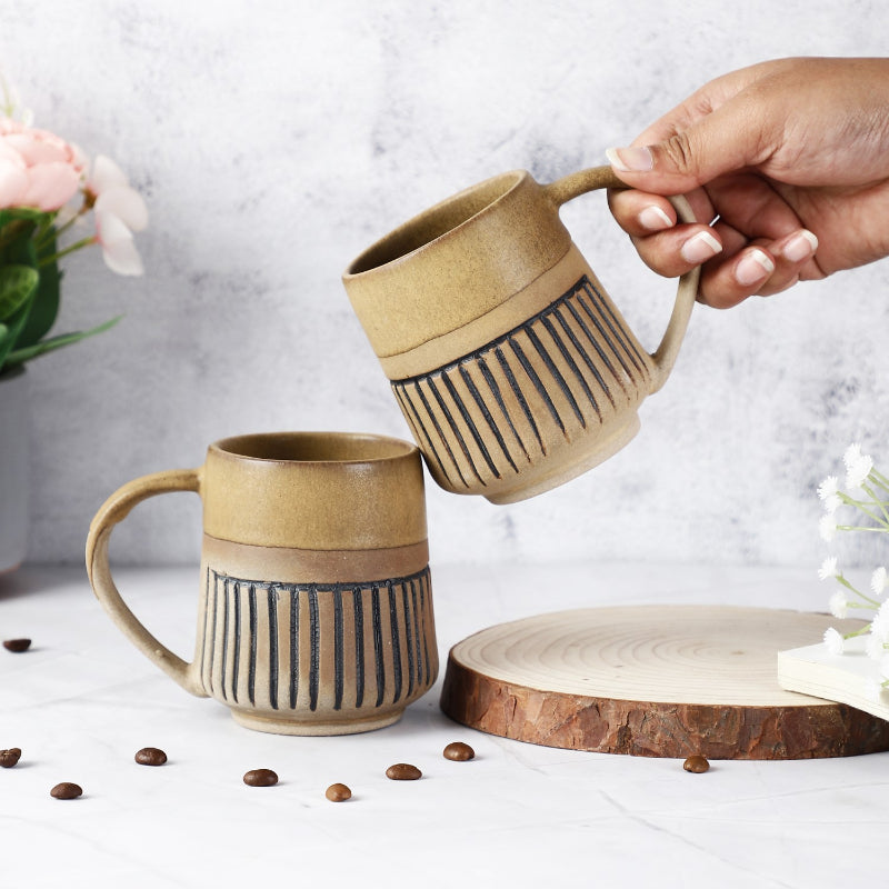 Ceramic Semi-Glazed Groove Mugs | Set of 2 | Multiple Colors Brown