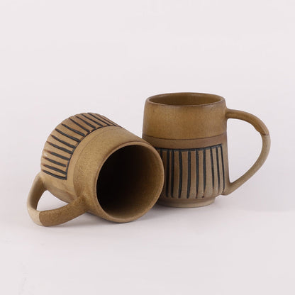 Ceramic Semi-Glazed Groove Mugs | Set of 2 | Multiple Colors Brown
