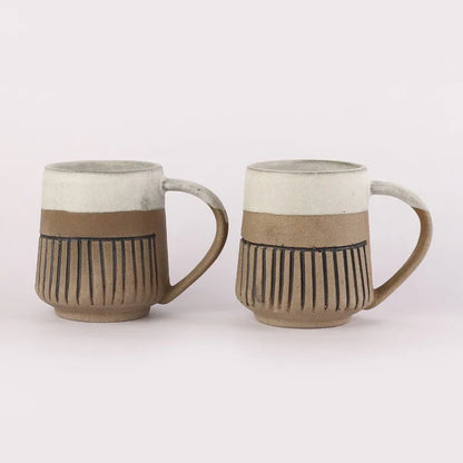 Ceramic Semi-Glazed Groove Mugs | Set of 2 | Multiple Colors White