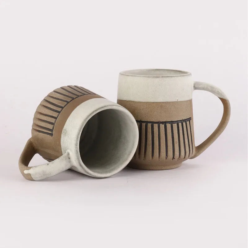 Ceramic Semi-Glazed Groove Mugs | Set of 2 | Multiple Colors White