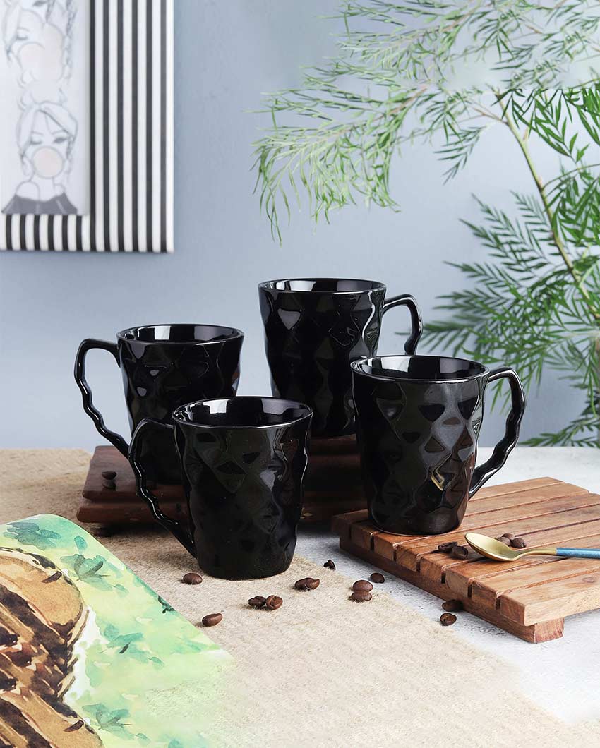 Beautiful Design Ceramic Elegant Black Coffee Mug | Set of 4 | 3 x 4 inches | 300ml