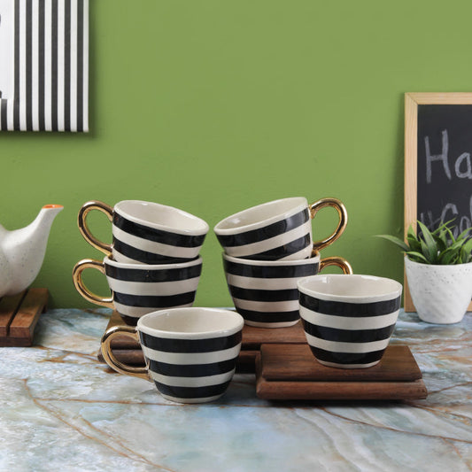 Ceramic Bohemic Black & White Stripe Cups | Set of 4, 6 Set of 6