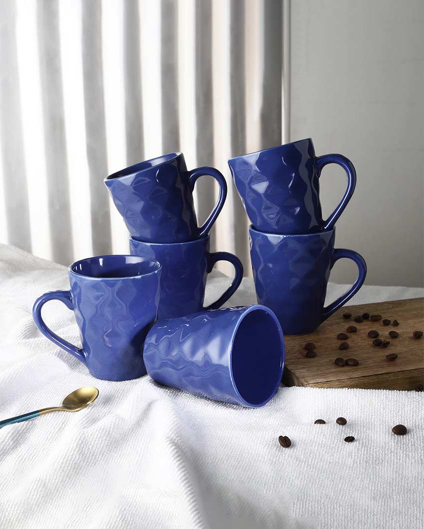 Elegant Design Ceramic Flowy Blue Mug | Set Of 6 | 4 x 5 inches