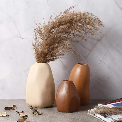 Abstract Round Shaped Matte Brown Finish Ceramic Vases Without Flower| Pack of 3