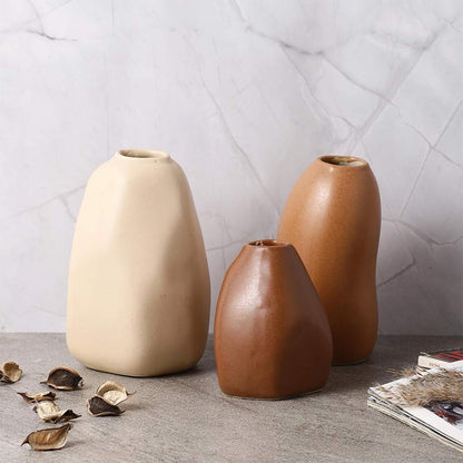 Abstract Round Shaped Matte Brown Finish Ceramic Vases Without Flower| Pack of 3