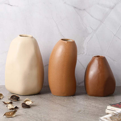 Abstract Round Shaped Matte Brown Finish Ceramic Vases Without Flower| Pack of 3