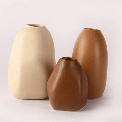 Abstract Round Shaped Matte Brown Finish Ceramic Vases Without Flower| Pack of 3