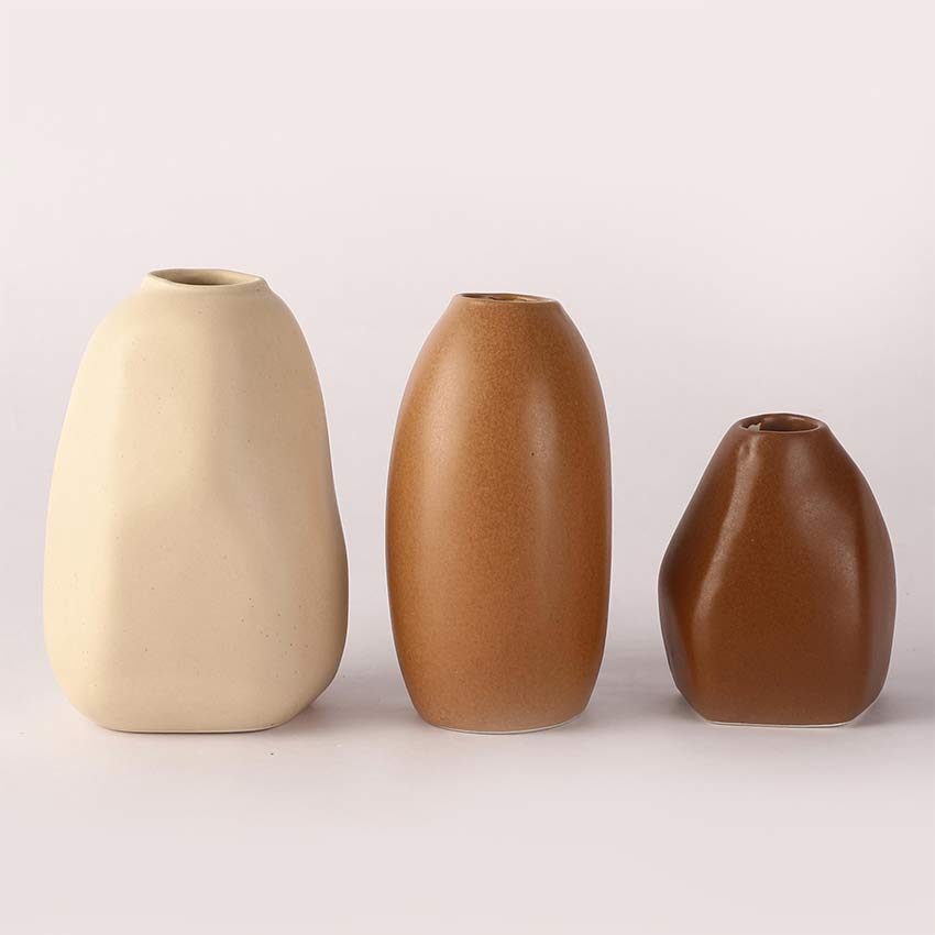 Abstract Round Shaped Matte Brown Finish Ceramic Vases Without Flower| Pack of 3