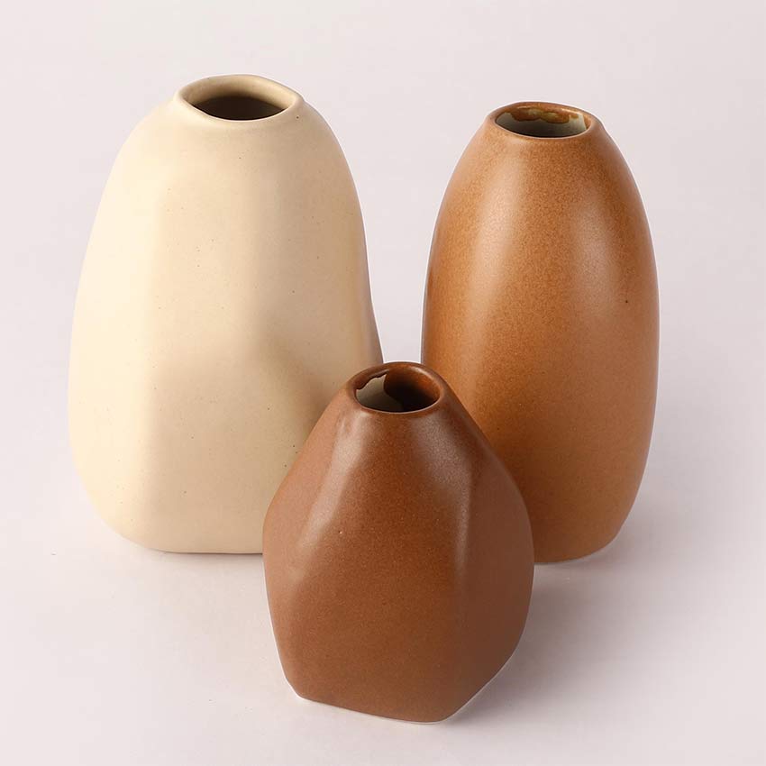 Abstract Round Shaped Matte Brown Finish Ceramic Vases Without Flower| Pack of 3