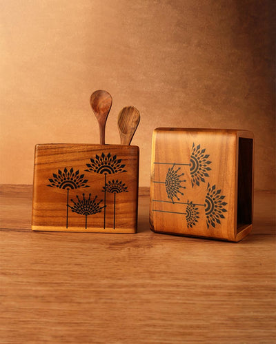 Compact Teak Wood Spoon Holder | Single | 4.75 x 3.5 x 4 inches