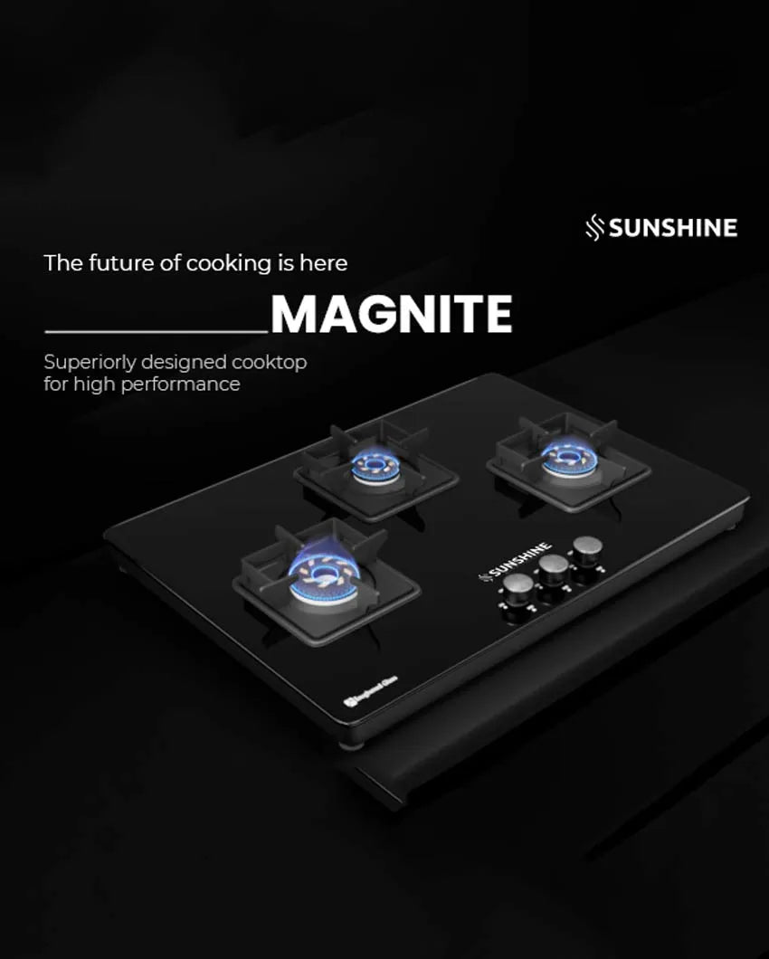 Slimmest Magnite 3 Burner Glass Hob Top Cooktop Manual Ignition | ISI Certified