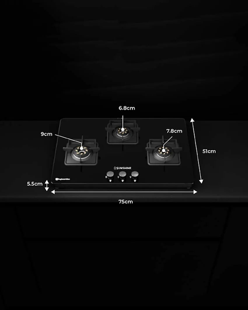 Slimmest Magnite 3 Burner Glass Hob Top Cooktop Manual Ignition | ISI Certified