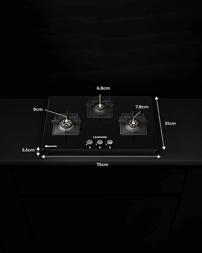 Slimmest Magnite 3 Burner Glass Hob Top Cooktop Manual Ignition | ISI Certified