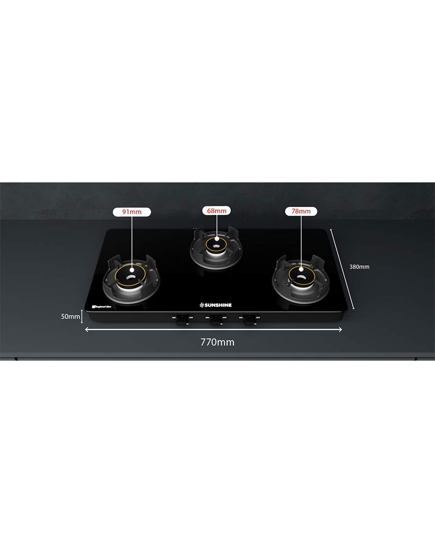 Regal 3 Burner Gas Stove Toughened Glass Cooktop Manual Ignition